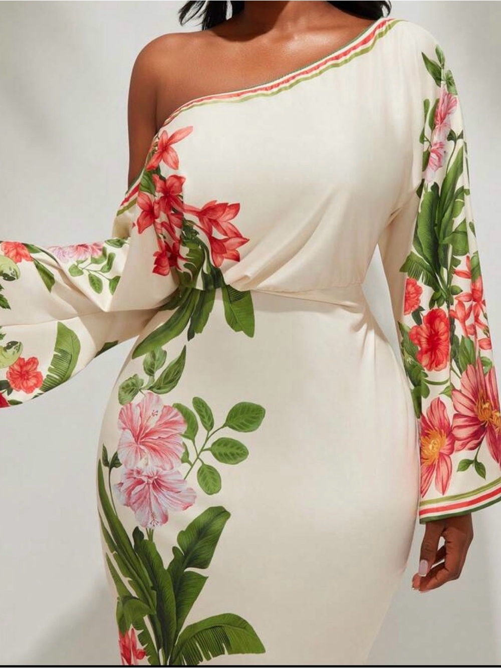 Floral One-Shoulder Cream Maxi Dress